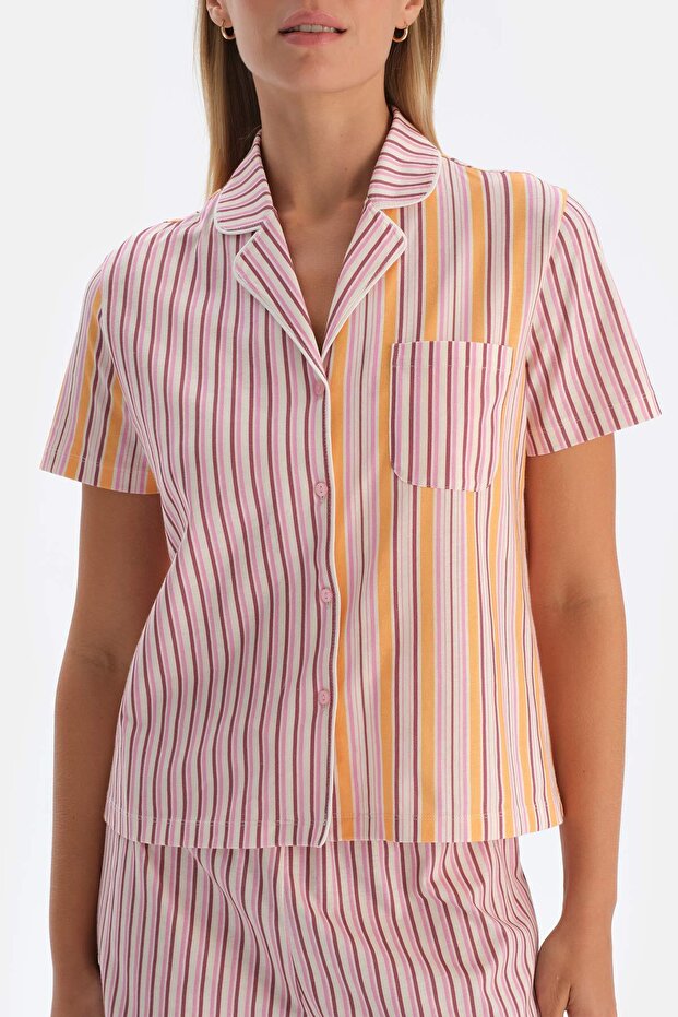 Multicolor Patchwork Çizgili Şortlu Pijama Takımı - 6