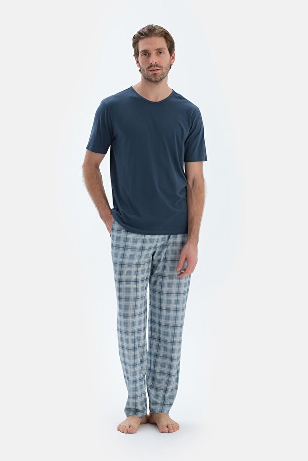 Mavi Ekoseli Penye Modal Basıc Pantolon - 4