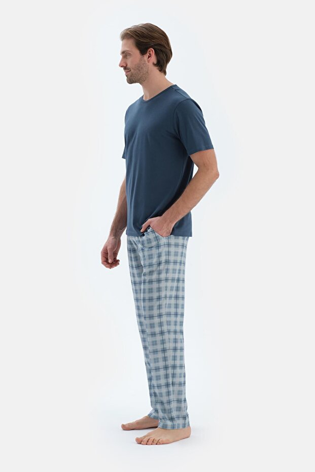 Mavi Ekoseli Penye Modal Basıc Pantolon - 3