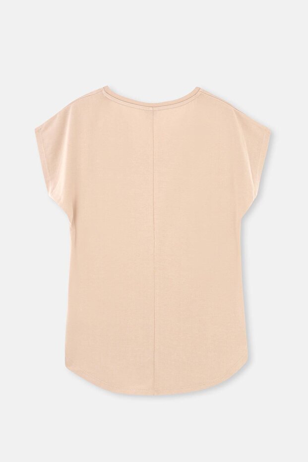 Bej V Yaka Cupro Tişört - 5