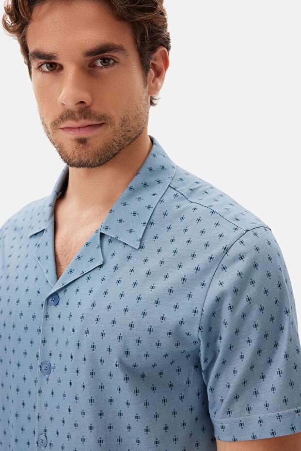 Mavi Desenli Gömlek Şort Pijama Takımı - 5