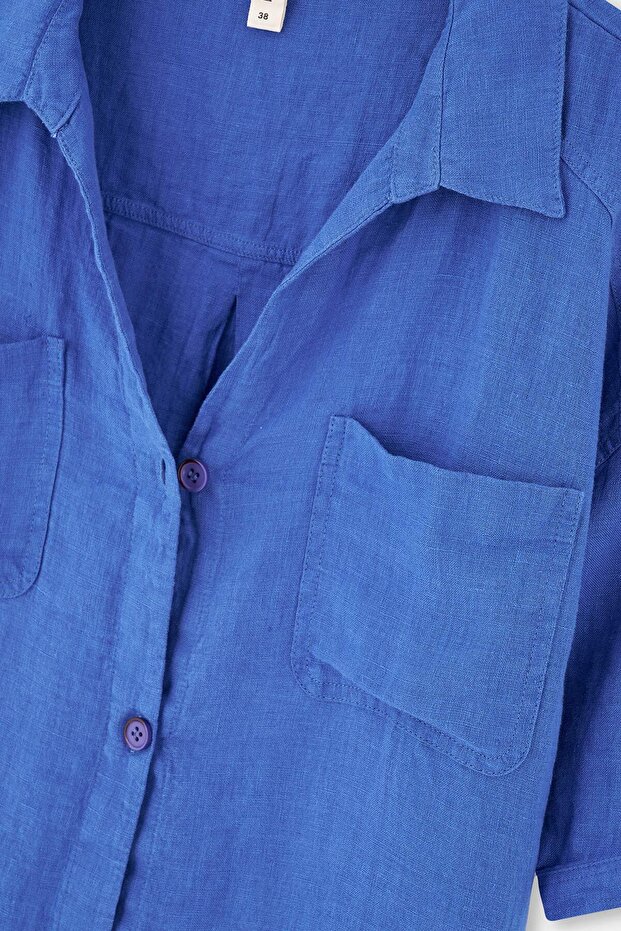 Mavi Keten Kısa Gömlek - 3