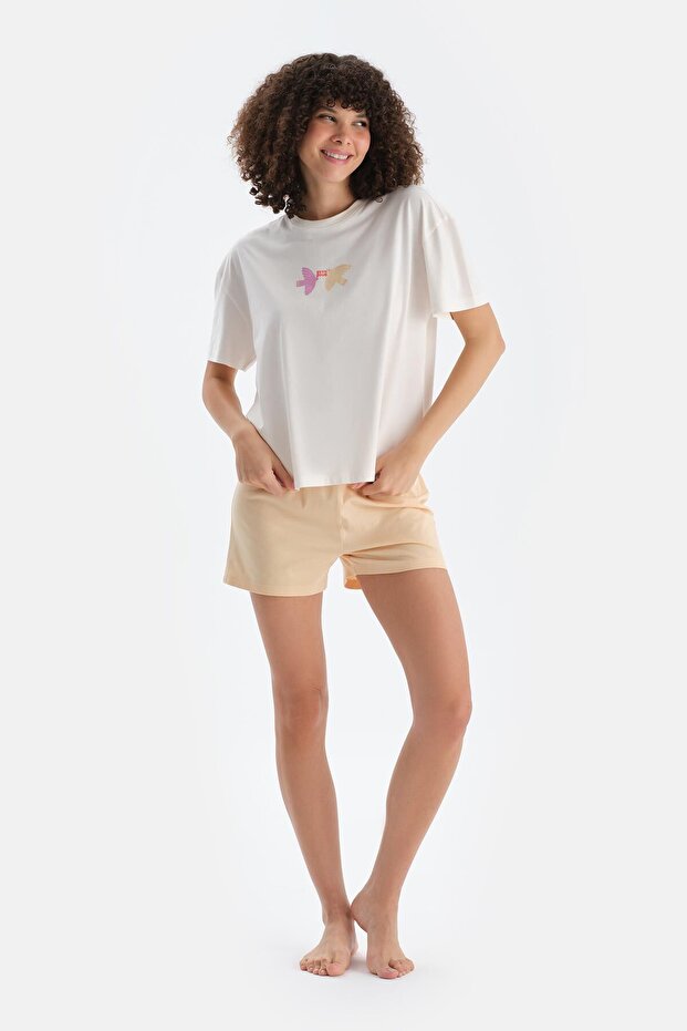 Ekru Baskı Detaylı Kısa Kollu Tişört Şort Pijama Takımı - 1