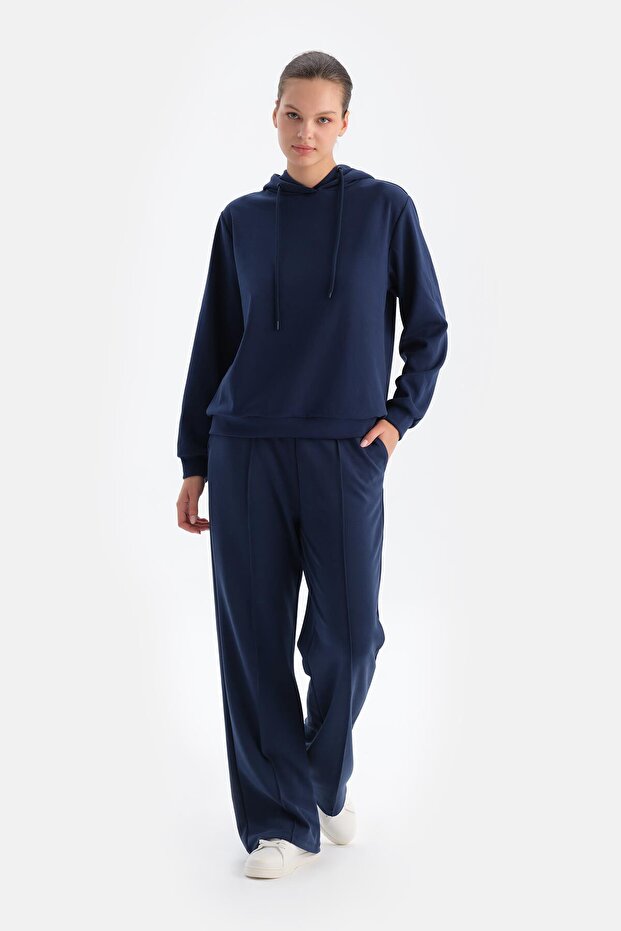 Lacivert Uzun Kollu Kapüşonlu Basıc Modal Sweatshırt - 4