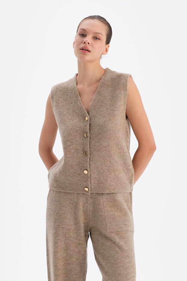 Beige V-Neck Buttoned Wool Vest - 1