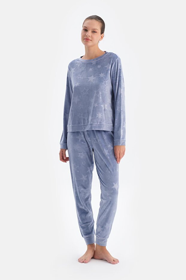 Blue Seersucker Star Printed T-Shirt Pants Pajamas Set