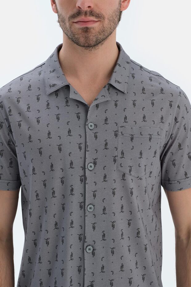 Gri Metraj Baskılı Gömlek Şort Pijama Takımı - 5