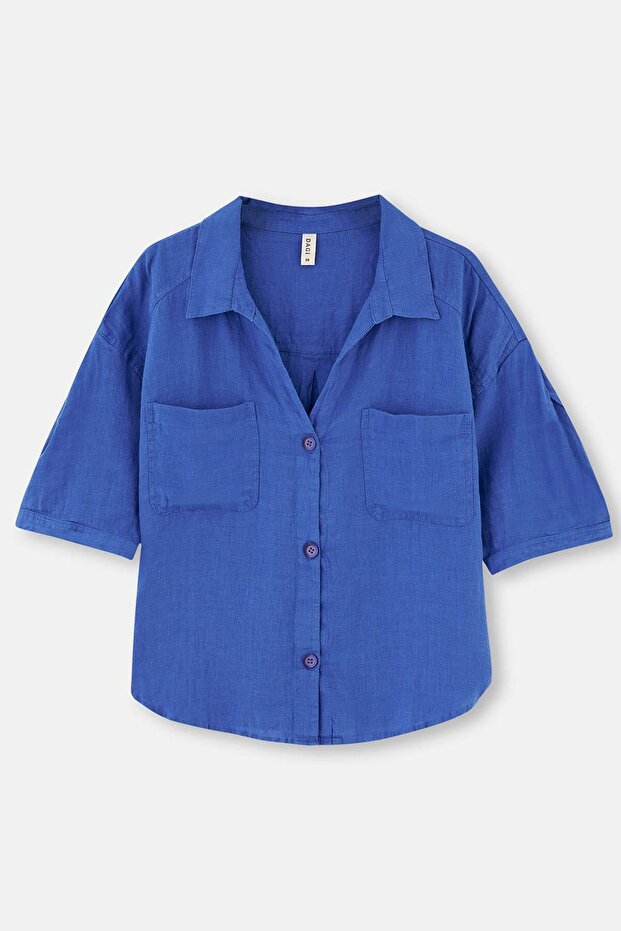 Mavi Keten Kısa Gömlek - 1