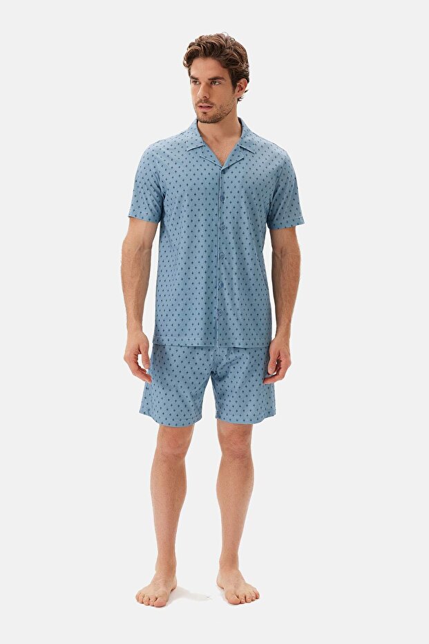 Mavi Desenli Gömlek Şort Pijama Takımı - 1