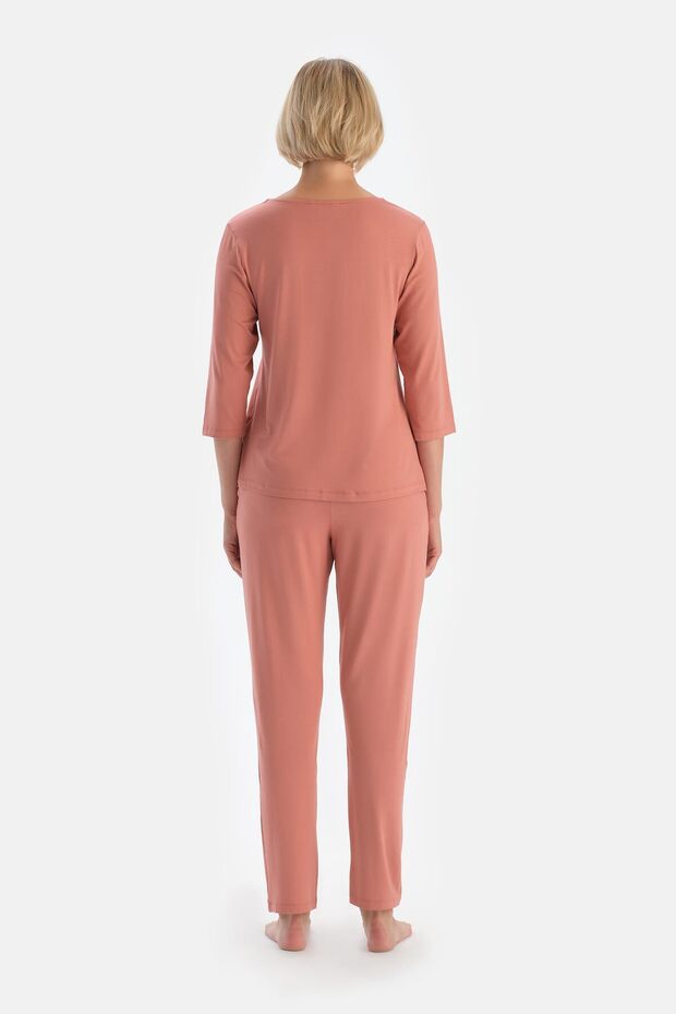 Gül Kurusu Uzun Kollu V Yaka Viskon Pijama Takımı - 2