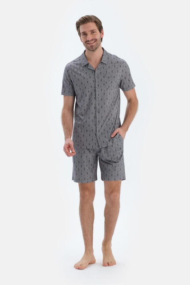 Gri Metraj Baskılı Gömlek Şort Pijama Takımı - 1