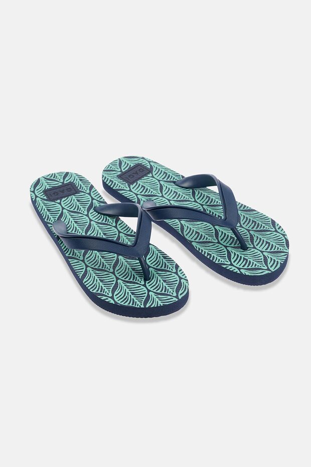 Navy Blue Leaf Patterned Flip Flops - 1