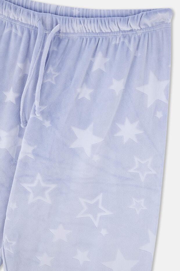 Mavi Gofre Yıldız Detaylı Örme Pijama Takımı - 8