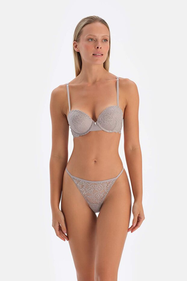 Light Gray Lace and Detailed Push-Up Bra - 5