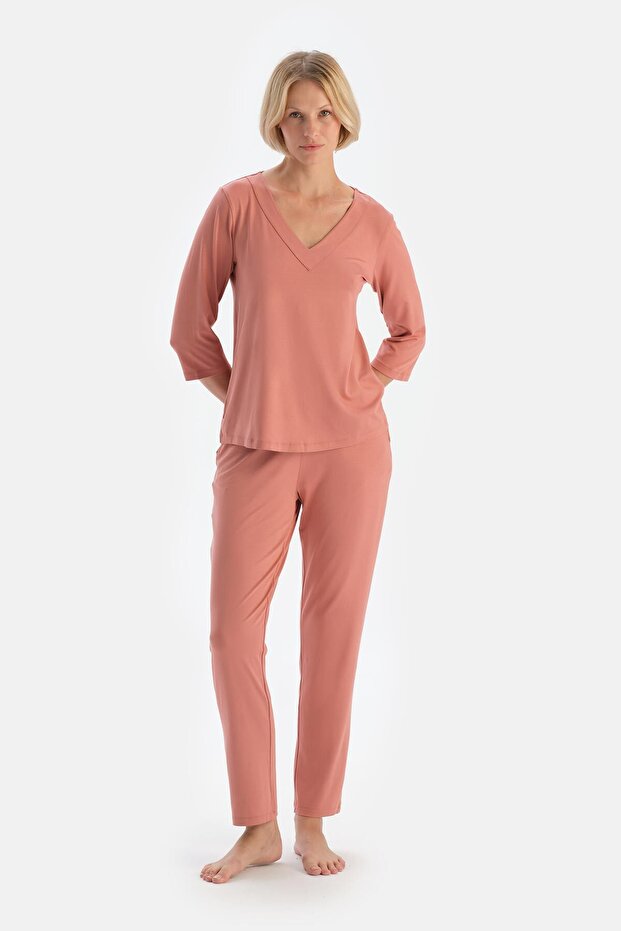 Gül Kurusu Uzun Kollu V Yaka Viskon Pijama Takımı - 1