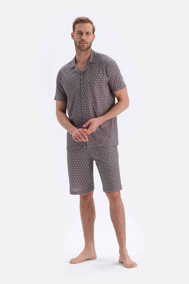 Gri Metraj Baskılı Gömlek Şort Örme Pijama Takımı - 1