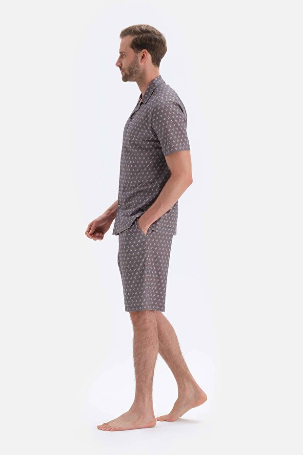 Gri Metraj Baskılı Gömlek Şort Örme Pijama Takımı - 3