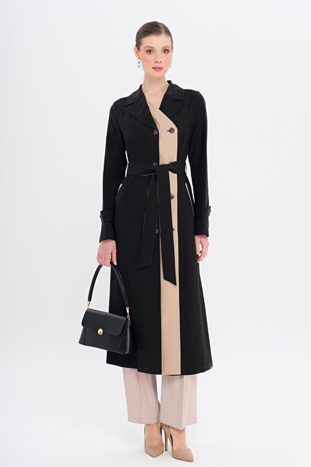 Garni Detailed Double Breasted Unlined Modal Trench Coat Black 6734