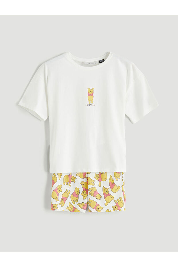 Ekru Winnie The Pooh Baskılı Kadın Şortlu Pijama Takımı - 1