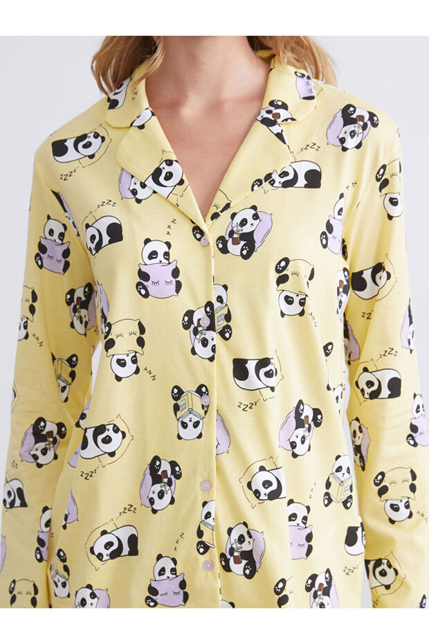 Sari Gömlek Yaka Baskılı Kadın Pijama Takımı - 3