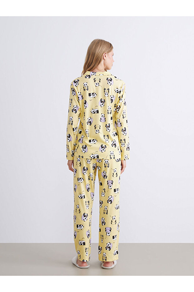 Sari Gömlek Yaka Baskılı Kadın Pijama Takımı - 4