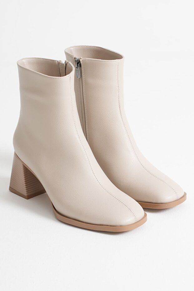 Napoca Premium Vegan Leather Beige Heeled Boots