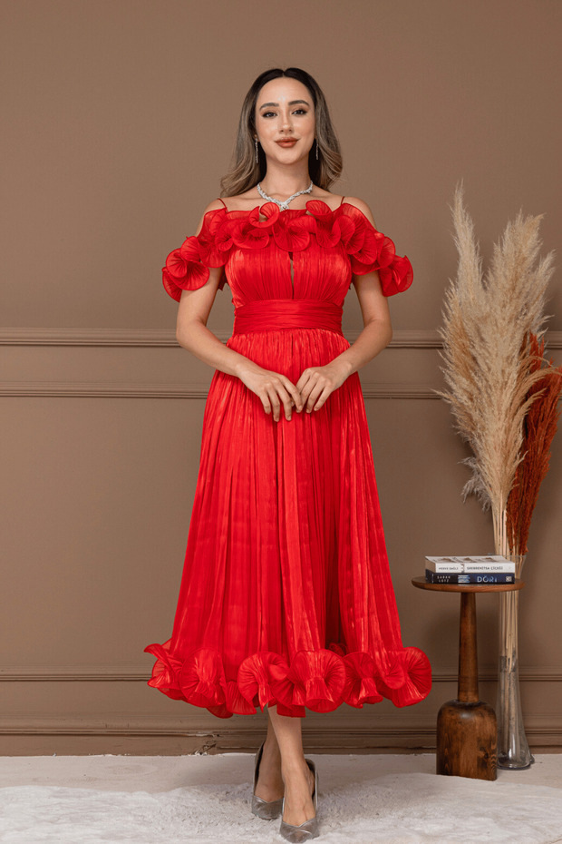 Chiffon Flounce Detailed Midi Dress - Red