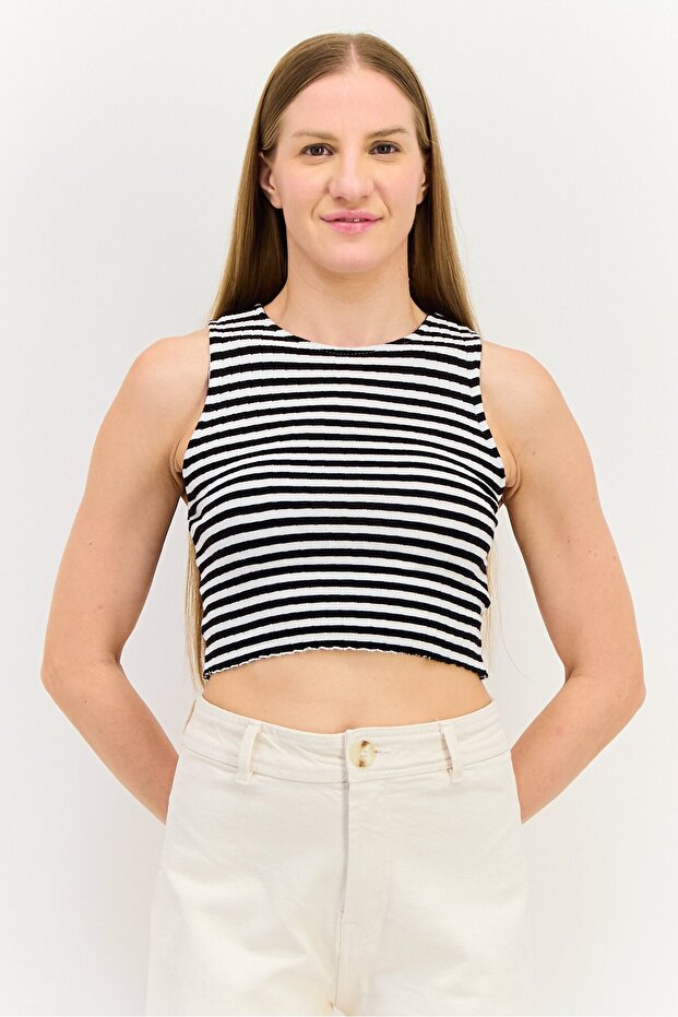 Women Crew Neck Sleeveless Stripe Top, Multicolor