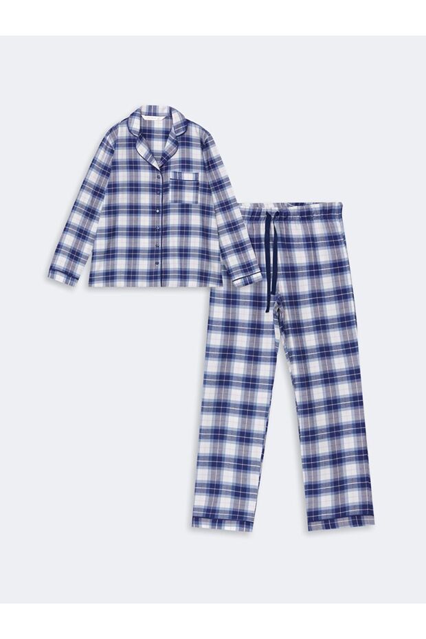 Mavi Gömlek Yaka Ekose Kadın Pijama Takımı - 1