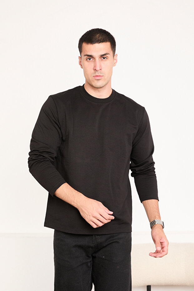 Erkek Basic Uzun Kollu Düz Sweatshirt - 1