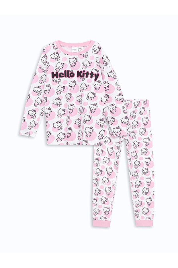 Pembe Bisiklet Yaka Hello Kitty Baskılı Kız Çocuk Pijama Takımı - 1