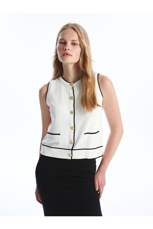 Ekru Kadın Bisiklet Yaka Düz Triko Yelek - 2