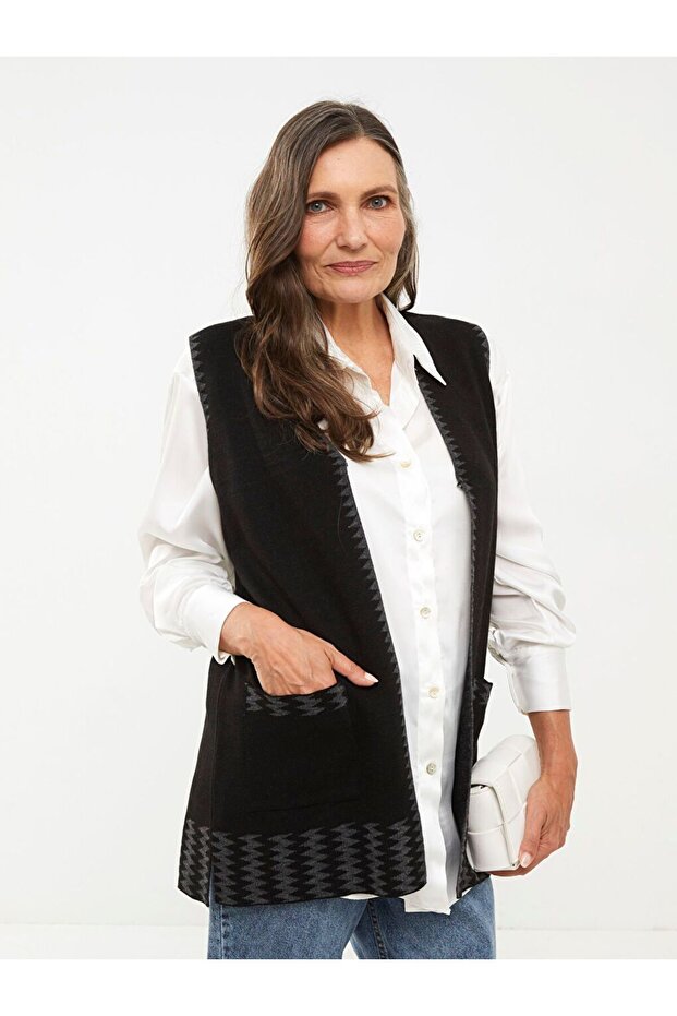 V Yaka Desenli Kadın Triko Yelek - 3