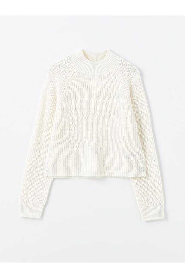 Ekru Bisiklet Yaka Düz Uzun Kollu Kadın Triko Kazak - 1