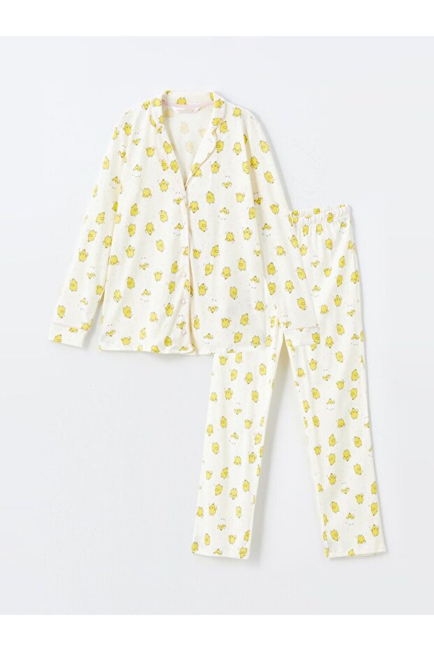 Ekru Gömlek Yaka Desenli Hamile Pijama Takımı - 1