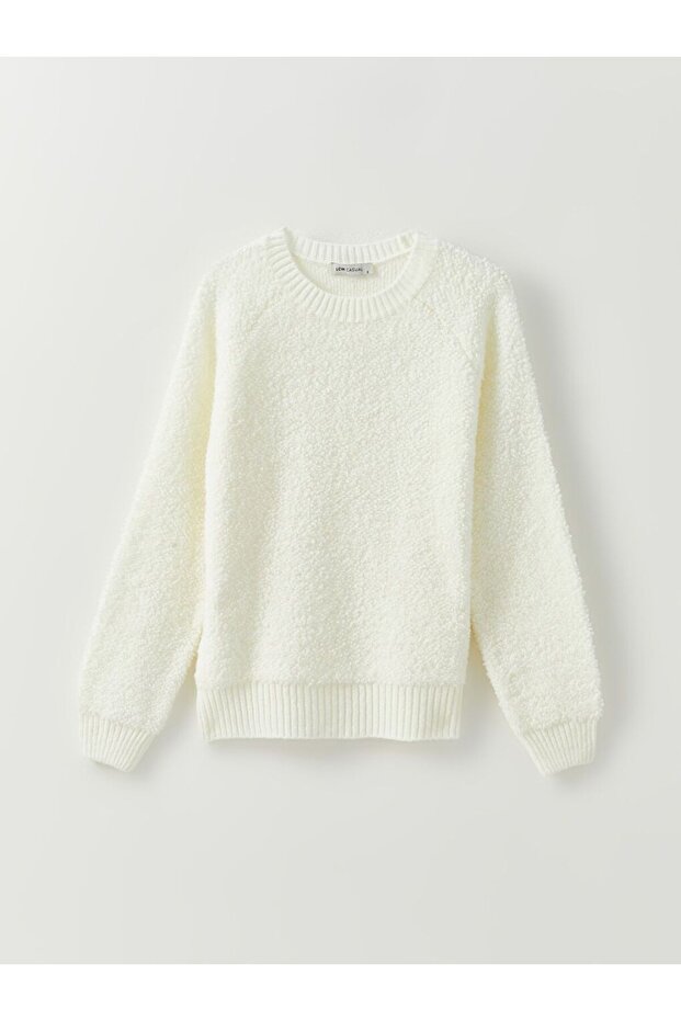 Ekru Bisiklet Yaka Düz Uzun Kollu Kadın Triko Kazak - 1