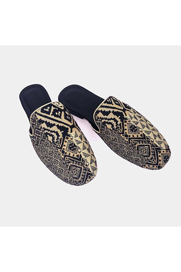Damask Embroidered Mule – Genuine Leather, Double-Cushioned, Lightweight – Black & Gold