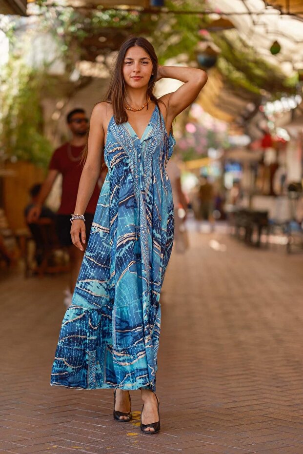 Turquoise Color Gold Detailed Front Back V Neck Ruffle Detailed Silk Dress