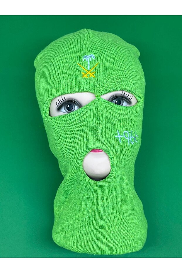 Green cotton mask embroidered with two swords, a palm tree, and the number +966 on the side - 2