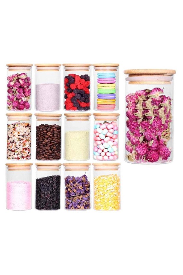 12pcs 8.5oz Glass Jars With Bamboo Lids Set, Glass Jars With Wood Lids , Large Spice Jars, Glass St