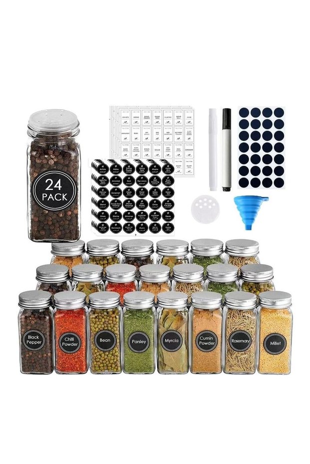 MahMir® 24 Pcs Spice Jars with Labels - 4 oz Glass Spice Jars with Metal Lids, 120 Labels Stickers,