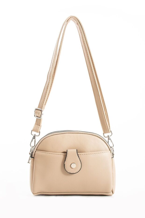 Women's Faux Leather Adjustable Cross Strap 4 Compartment Sand Color Shoulder Bag with Magnet Buckle Detail