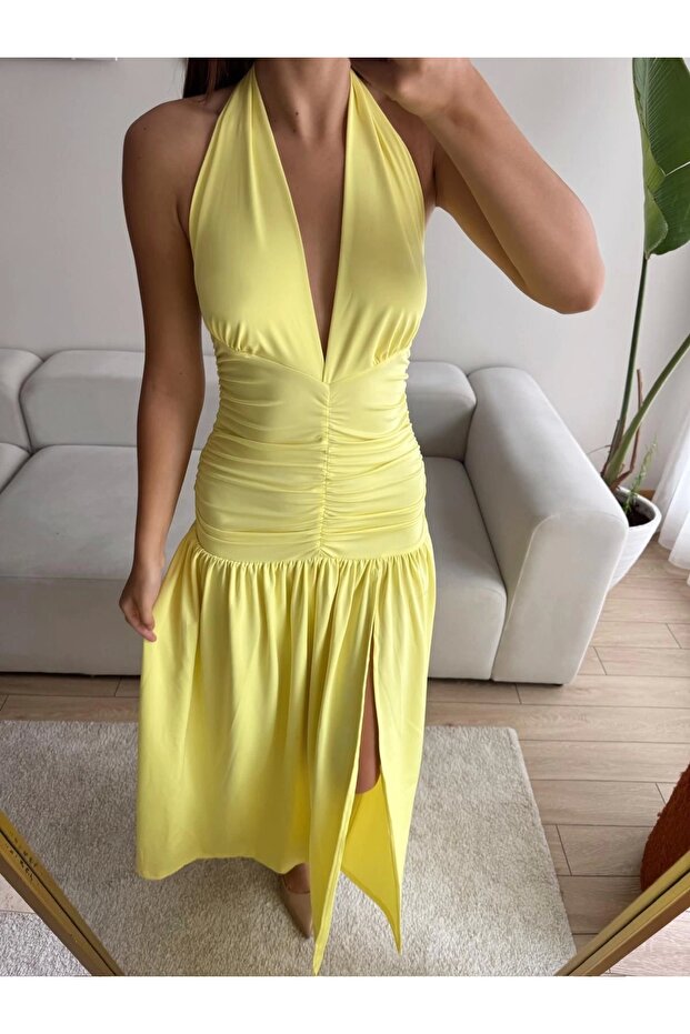 Derin Yırtmaç Boyun Geçmeli Elbise - SARI - 4