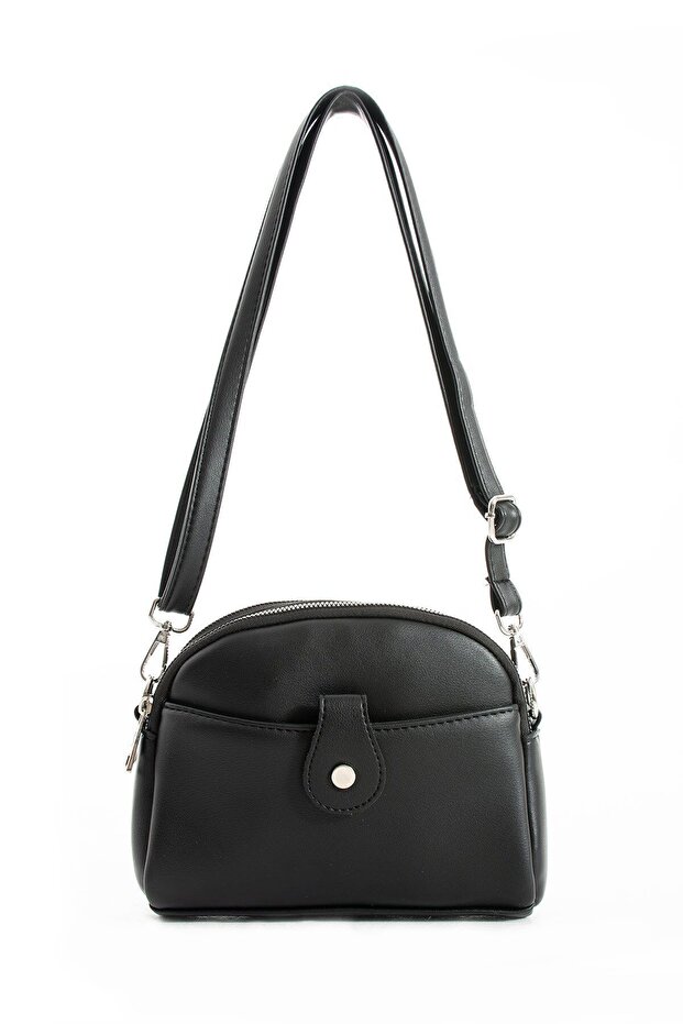 Women's Faux Leather Adjustable Cross Strap Multi-Compartment Black Shoulder Bag with Magnet Buckle Detail