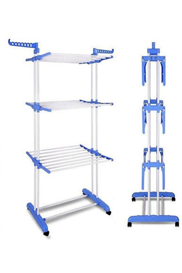 Three Layer Clothes Rack Hanger With Wheels White/Blue Medium Blue One Size centimeter