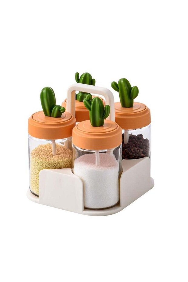 Kitchen Spice Jar 4-Piece Set, Household Seasoning Box,Seasoning Bottle Organization Set, Cactus Gl