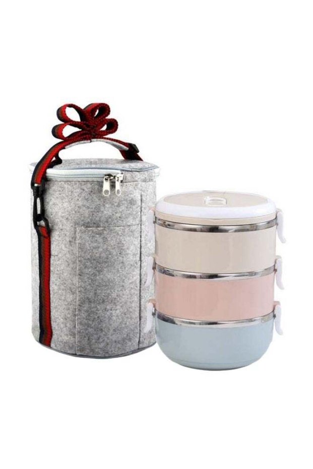3-Layer Lunch Box With Bag Pink/Blue/Beige