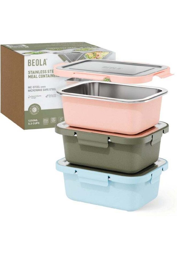 Set of 3 Pieces, Microwave Safe Stainless Steel Lunch Box, MC-Steel™ 18/8 Premium BPA free Material