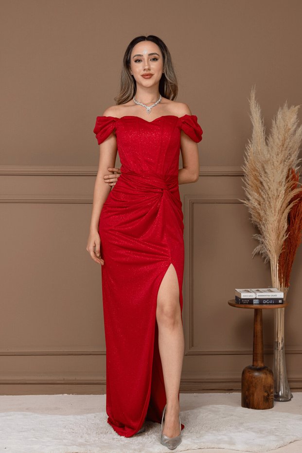 Glittery Tulle Ruched Detail Long Evening Dress - Red