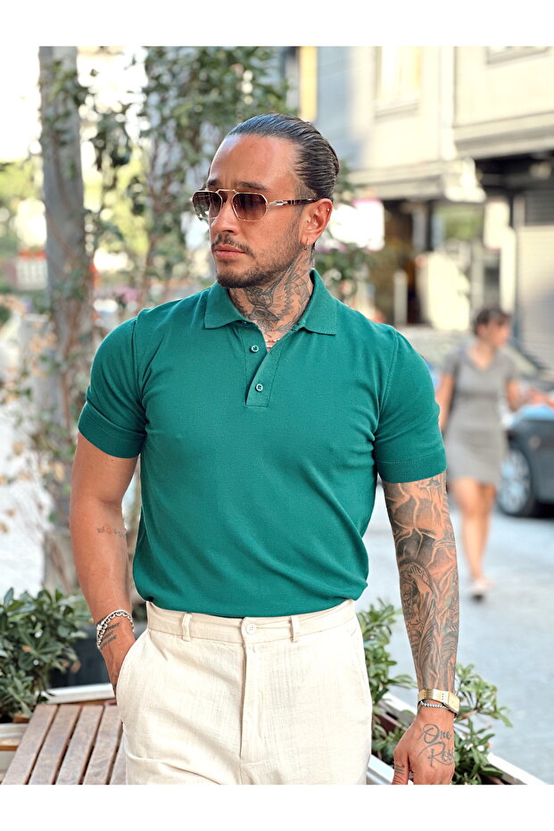 Basic Triko Polo Yaka Yeşil - 1